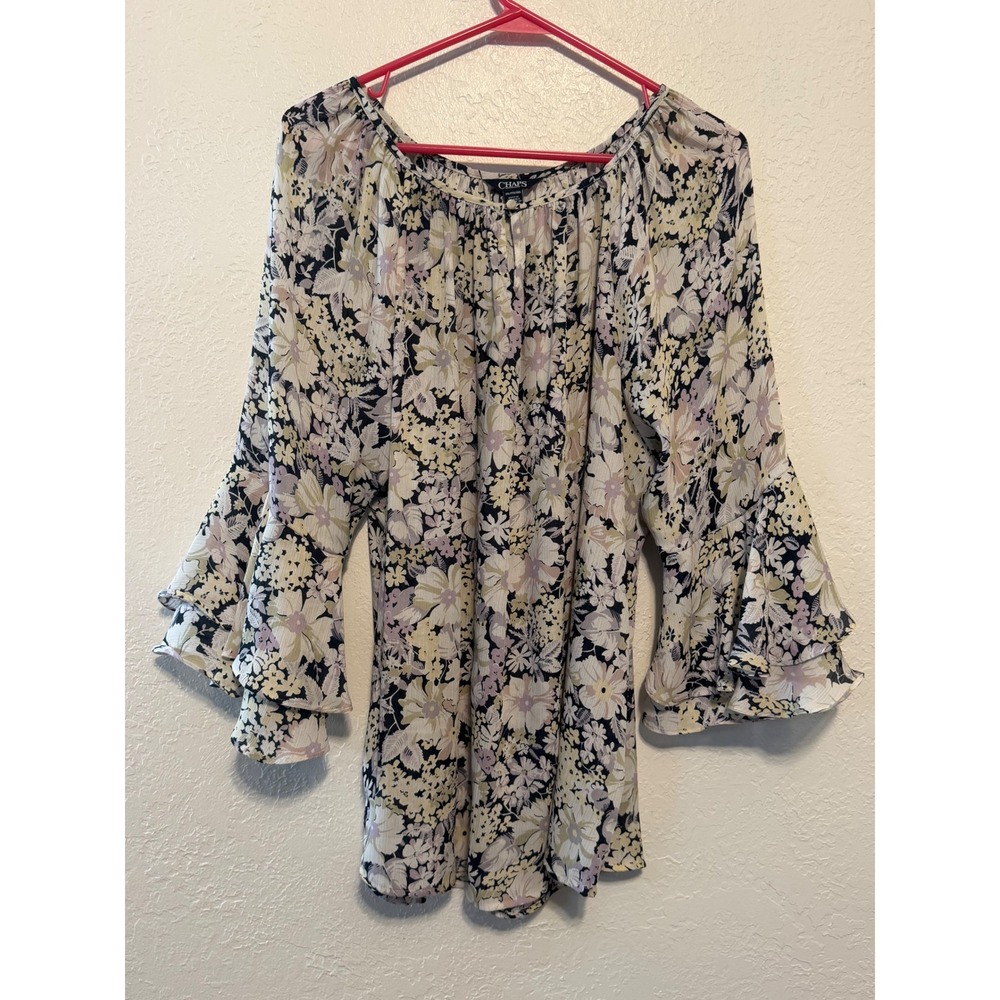 Chaps Floral Bell Sleeve Blouse XXL Purple Cream Navy Tiered Sleeve Top